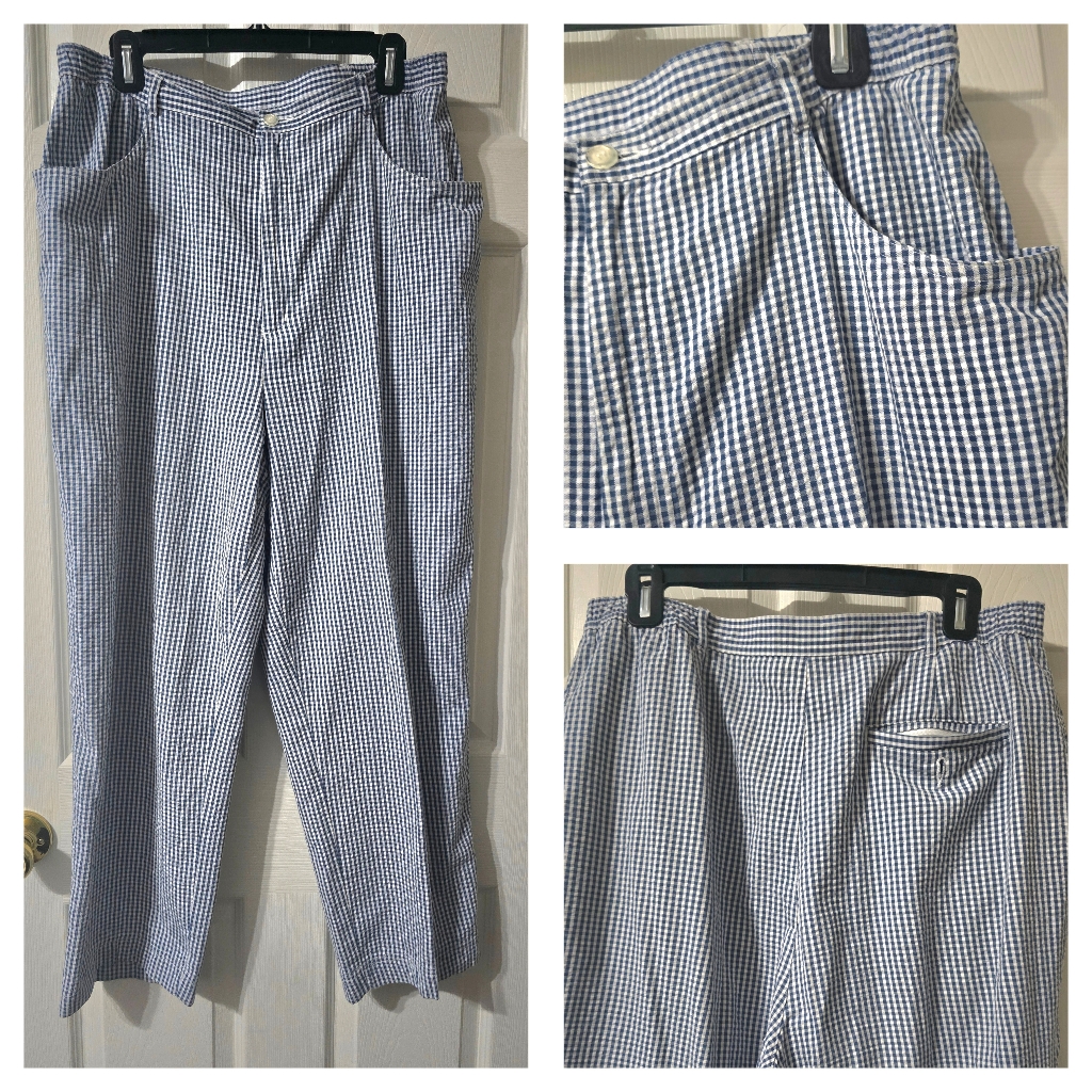 Vintage Gingham Check Pleated High Waist Cotton Seersucker Trouser Pants.